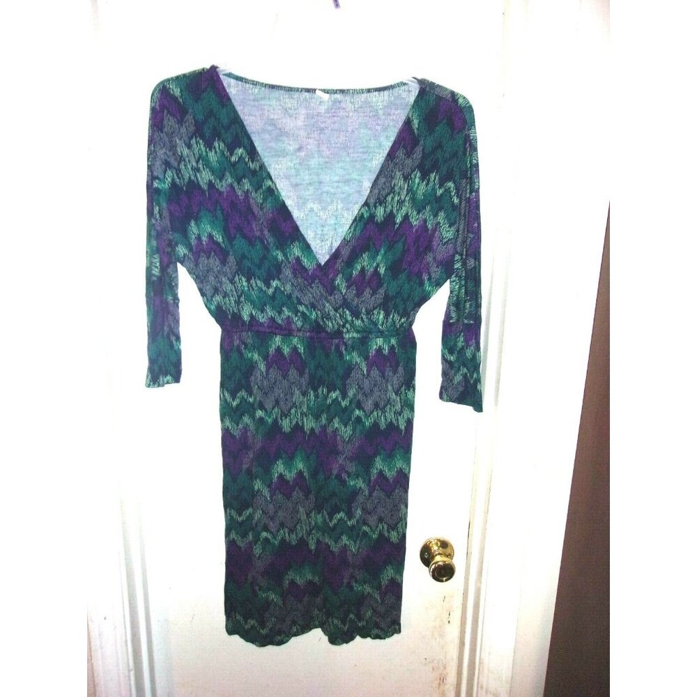 Old Navy Chevron Striped V-Neck Dress Turquoise Purple Green 3/4 Sleeve M